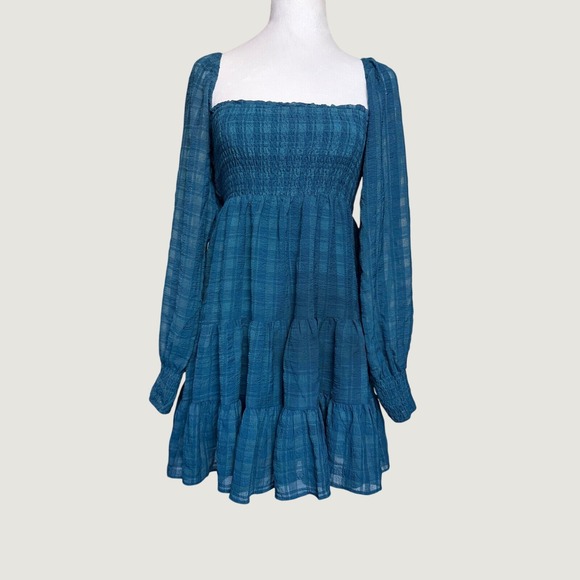 Urban Outfitters Dresses & Skirts - Urban Outfitters Smocked Plaid Mini Dress Teal Blue Long Sleeve Tiered XS